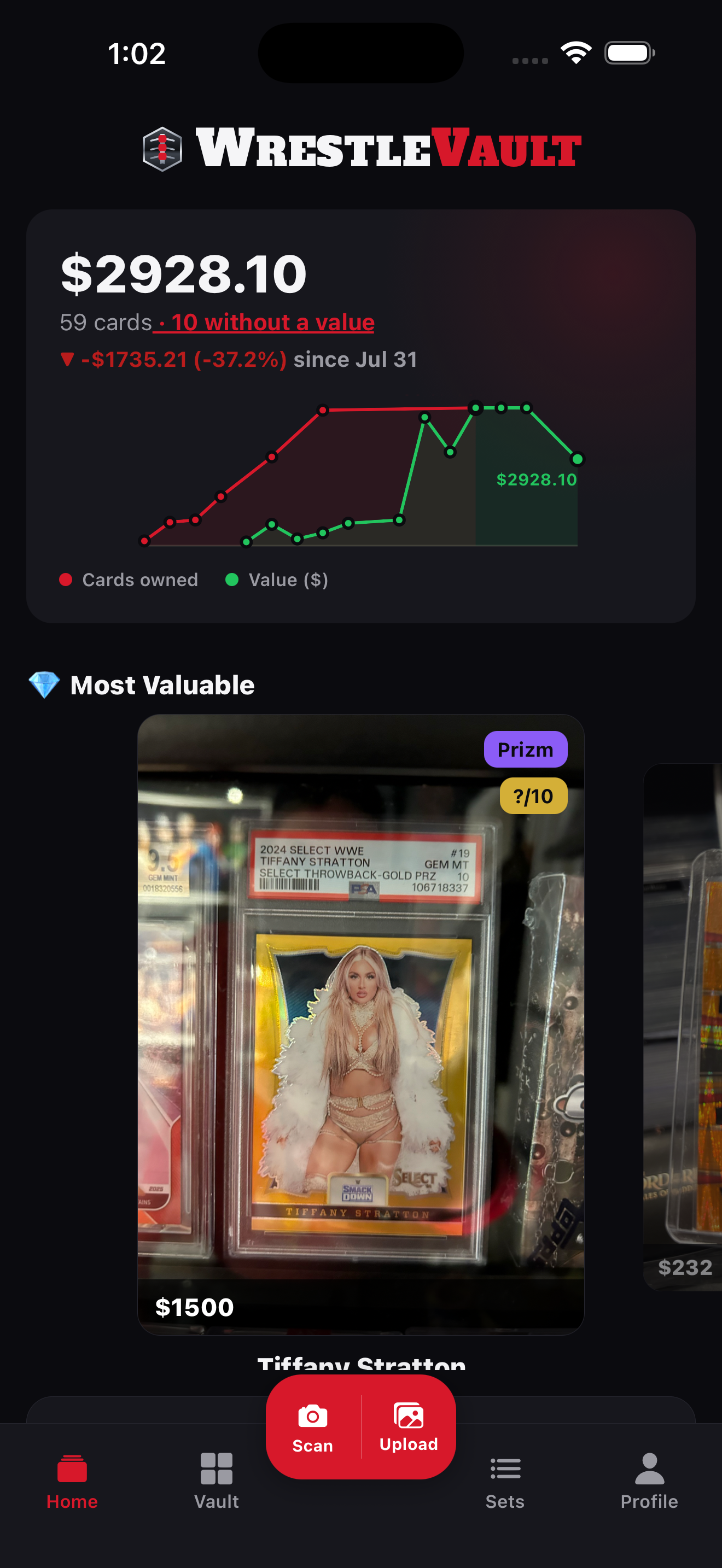 WrestleVault home dashboard — collection value and most valuable card